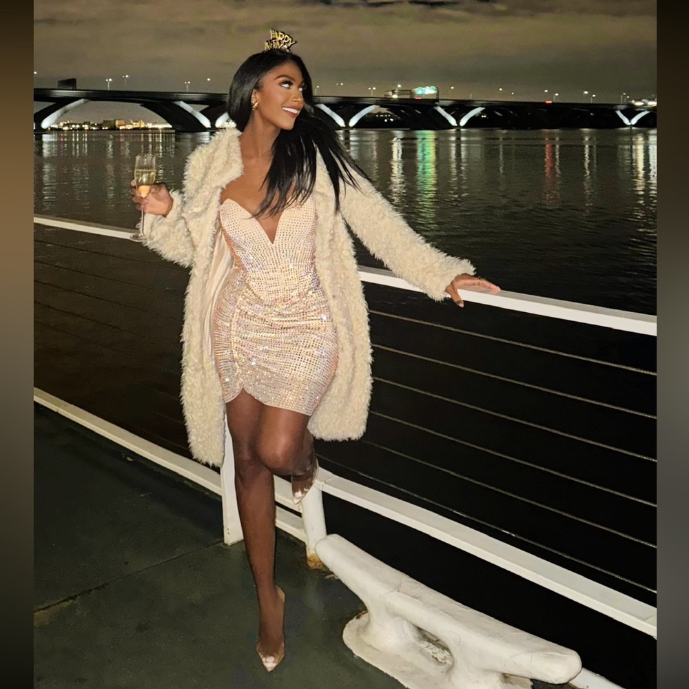 Beautiful Embellished Low Plunge Strapless Mini Dress in Champagne